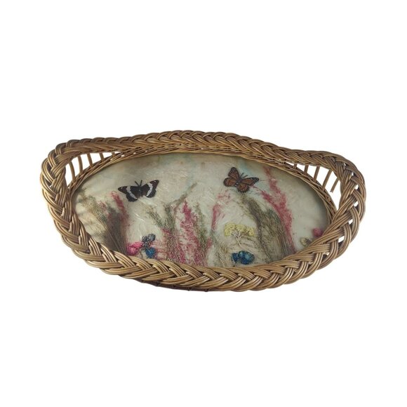 Vintage Wicker Serving Tray W/Floral & Butterfly Design-Piece Broken Near Handle - Picture 2 of 9